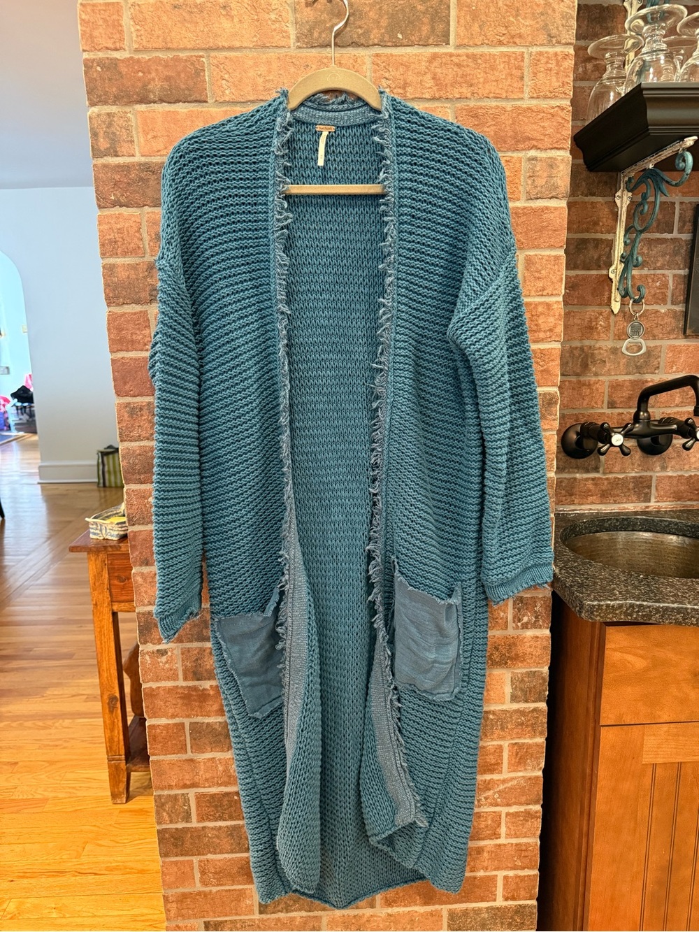Free People Teal Long Open-Front Knit Cardigan